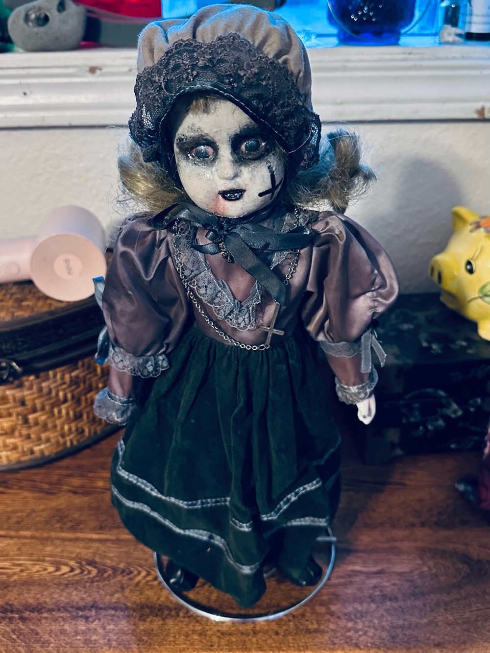 Porcelain Gothic Doll in Green and Gray Dress - OOAK